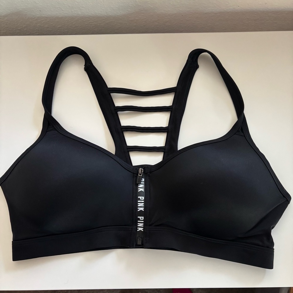 Victoria's Secret PINK Black Sports Bra Front zip push-up Athletic bra
